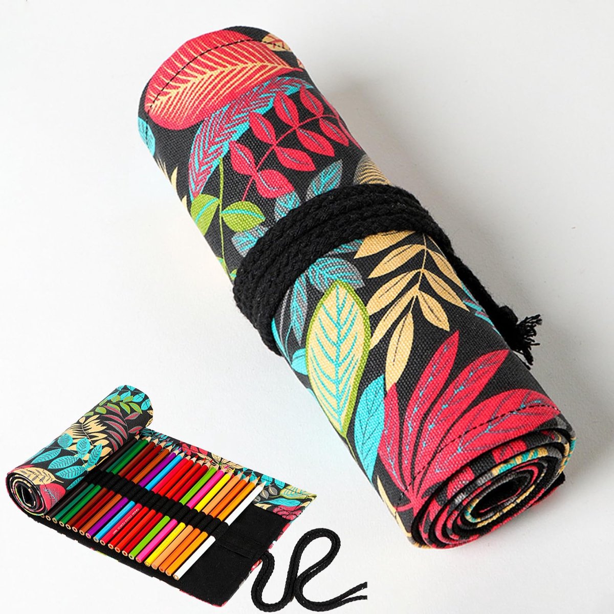 carmdering - Potloodrol - Opvouwbare Potloodhouder - Potloodetui - 36 gaten, jungle bladprint, canvas + katoen - Elastische lussen, stevig en duurzaam - Perfect voor kunstenaars en studenten - Ideaal cadeau