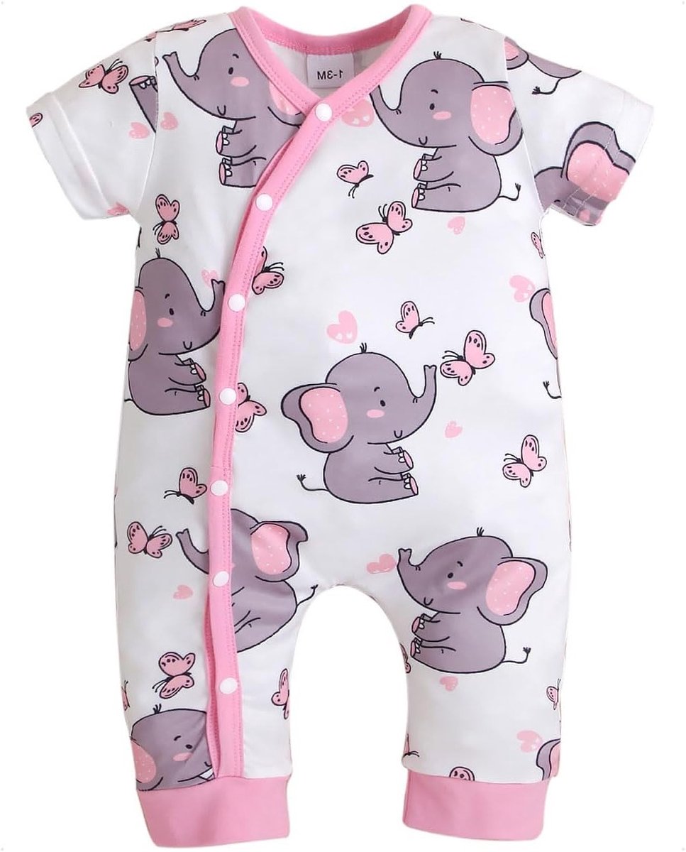 Zomeroutfits voor Baby Meisjes met Korte Mouwen, Romper en Shorts, Schattige Olifant en Vlinder Patroon, Geschikt voor 0-12 Maanden, Roze Jumpsuit en Playsuit