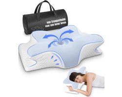 RUX® Hoofdkussen Nekklachten - Ergonomisch Hoofdkussen - Hoofdkussen - Neksteun - Traagschuim - Blauw - 62 cm x 41 cm x 13 cm