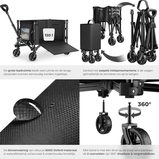 tectake® Bolderkar - Opvouwbaar - 60 kg Draagkracht - Draaibare Massieve wielen - 47 x 83 x 90 cm - Bolderkarren - Bolderwagen - Met Verstelbare Duwstang - Handkar - Waterafstotende Transportwagen - Met Legplank en Binnenvak van Merkloos — afbeelding 3