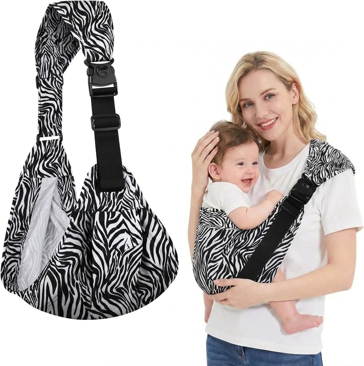Ergonomische draagzak voor baby's, comfortabel en lichtgewicht, geschikt voor pasgeborenen tot 20 kg, met zebra print en verstelbare schouderbanden