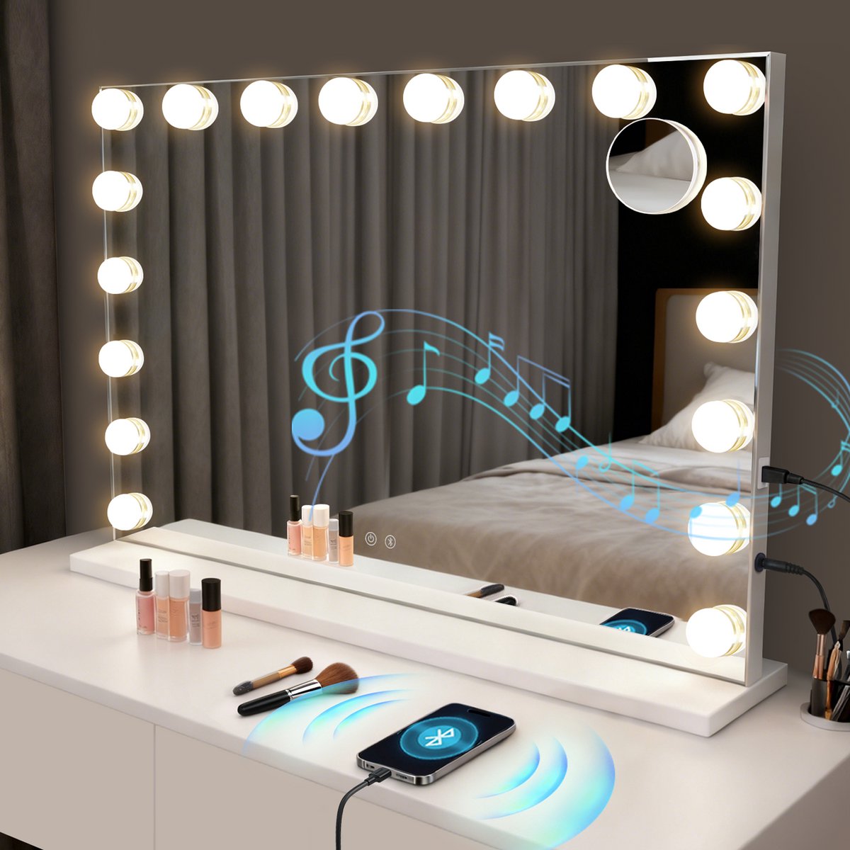 NETTLIFE Hollywood Schminkspiegel Met Verlichting - Bluetooth Vanity Spiegel - 18 Lampen Grote Kosmetiekspiegel - Tafelspiegel Met 3 Lichtmodi - Muziek Functie - Touch Bediening Hollywoodspiegel