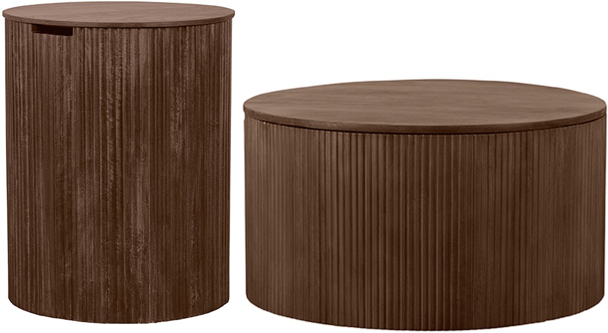 Lewis & Loft Salontafel set Lonne - FSC Mangohout - Ø40 cm - Ø70 cm - Met opbergruimte - Bruin - Set van 2