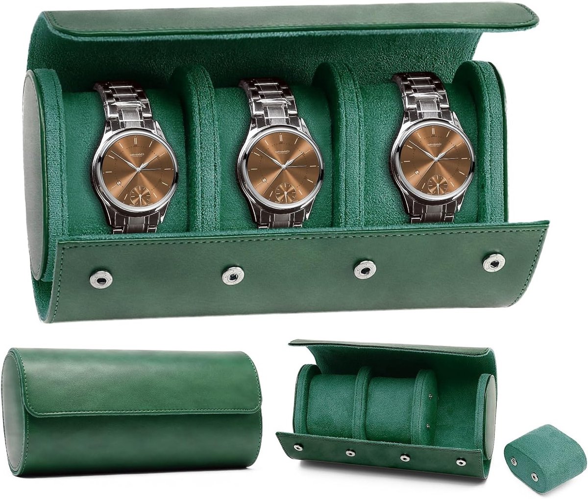 Elegante Horloge Box met 3 Slots voor Horloges en Sieraden, Perfect als Cadeau en Ideaal voor Reizen, Groene Kleur