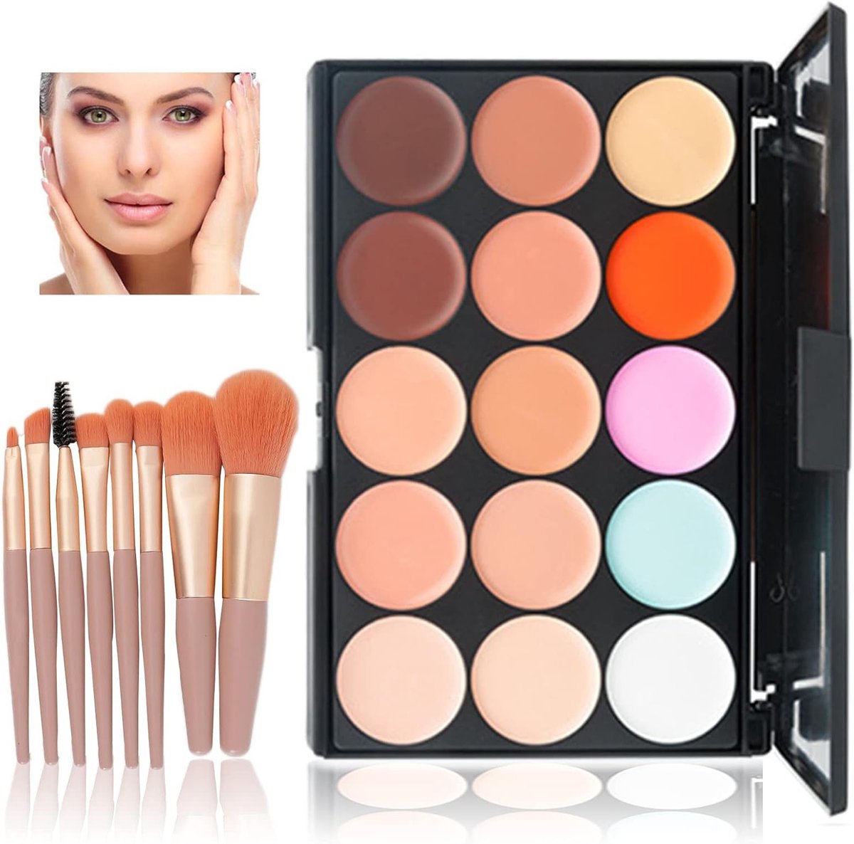 Kleurcorrectie Make-up Palet met 15 Romige Kleuren en 8 Make-up Kwasten voor een Perfecte Huidteint en Egalisatie van Oneffenheden