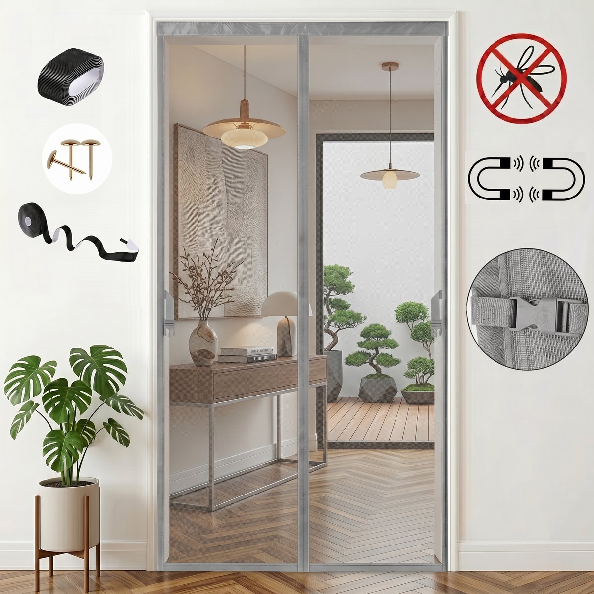 MUPOO Vliegengordijn Magnetisch – hordeuren Zelfsluitend met Verzwaarde Onderkant- Fijnmazig Gaas - Zonder Boren - deur tegen insecten voor Slaapkamer & Binnendeuren-82x204 cm -grijs-1 stuk