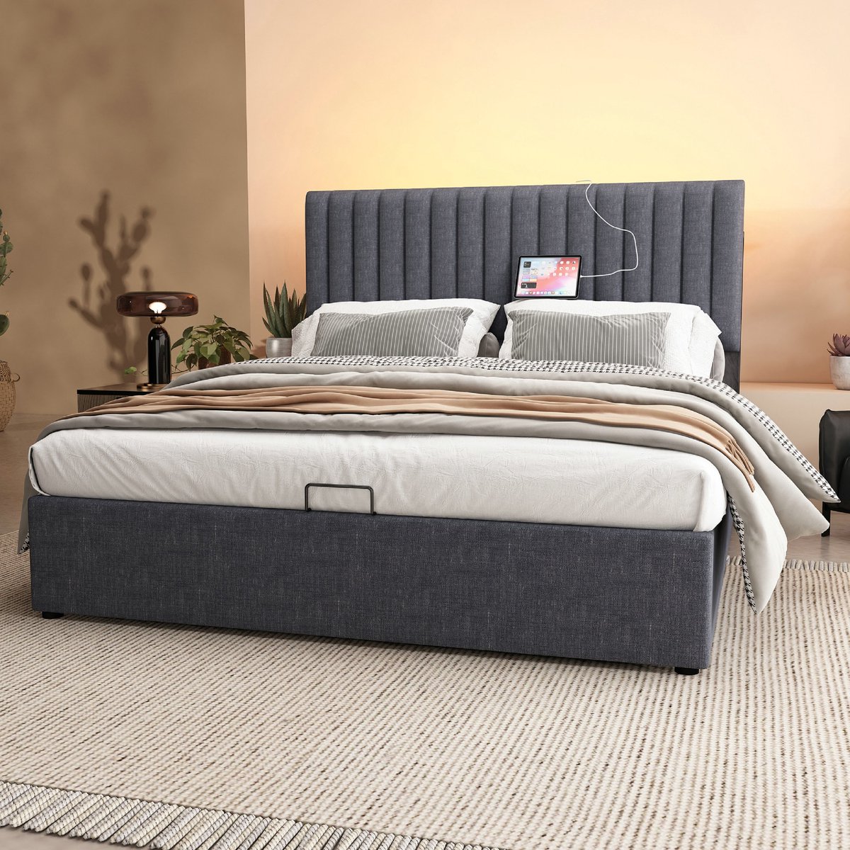 VVBV Bed met opbergruimte 160x200 / Tweepersoonsbed 160x200 – met LED-Verlichting, USB, USB-C, Stopcontact, Lattenbodem – Hoofdbord – Linnen – Grijs Grey