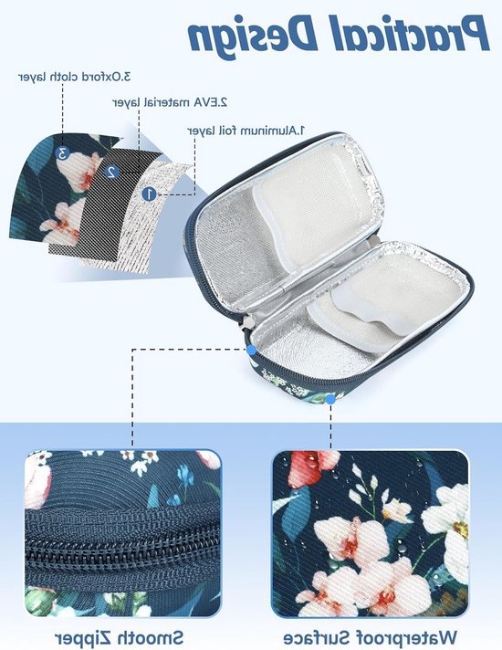 Insuline koel tas met ijszak voor reizen, insulinepennen en medicatie voor spuiten, blauw design — afbeelding 4