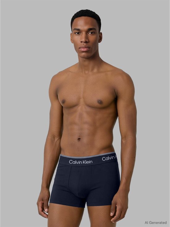 Man met navy Calvin Klein trunks, staand met de hand op de heup.