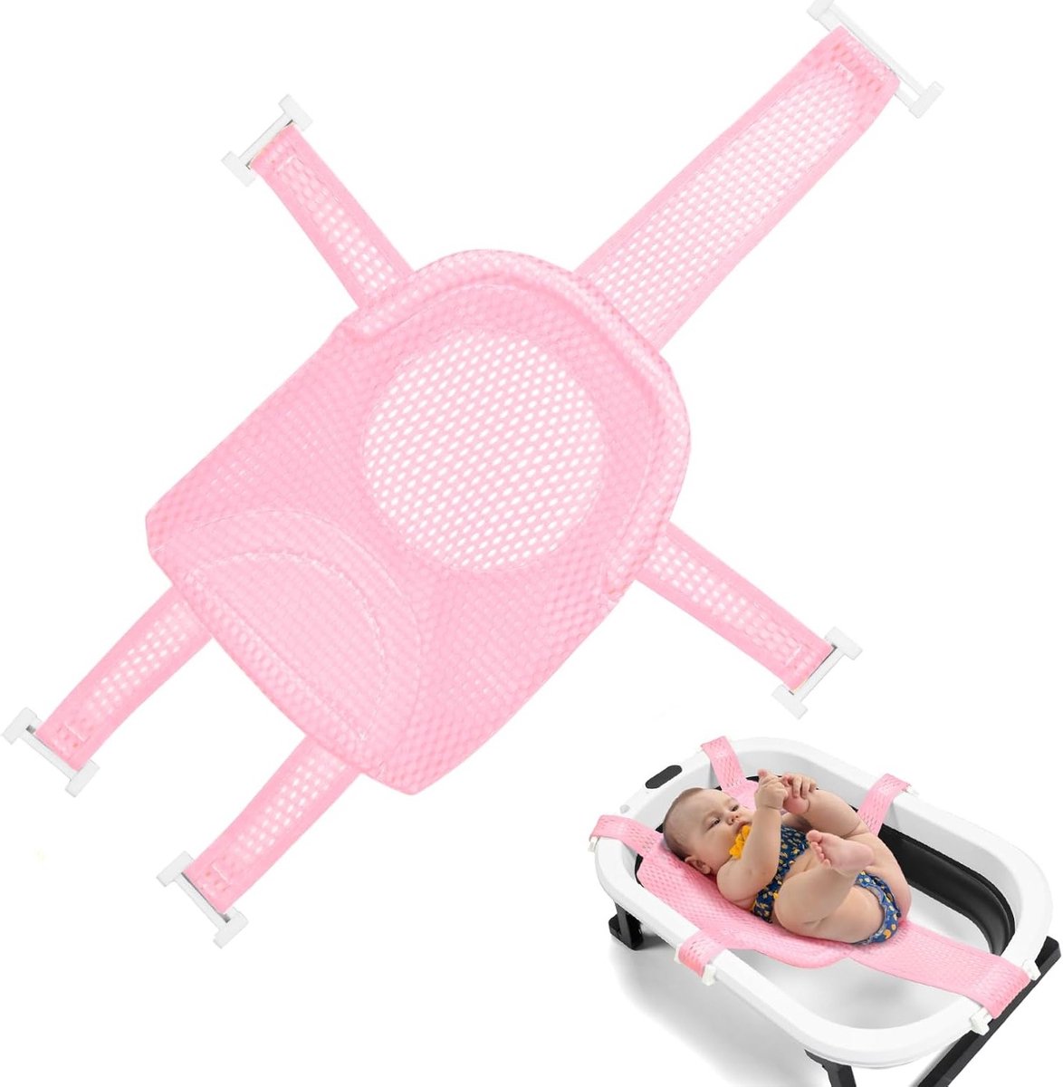 Baby Badnet voor Pasgeborenen - Ondersteunende Badtray en Antislip Badmat voor 0-3 Jaar (Roze, 5 Hoeken)