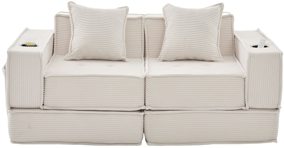 Merax 2-Zits Slaapbank - Modulaire Bank Met Opbergruimte En Bekerhouders - Corduroy Beige Sofa Met Hocker En Kussens Voor Woonkamer En Speelkamer