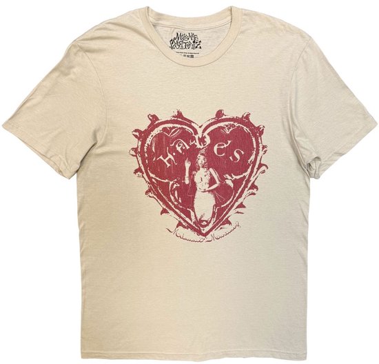 T-shirt crème avec une image de cœur rouge et l'inscription "Hades Heart" et une figure féminine.