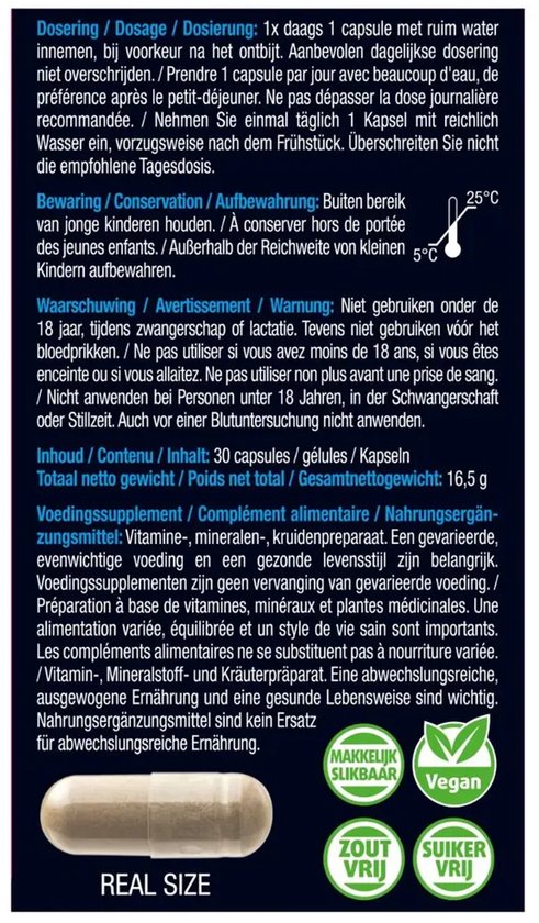 Een pot met 30 capsules Lucovitaal NR Anti Aging. De pot is donkerrood met een zilveren dop. De tekst "REAL SIZE" is onderaan de afbeelding.