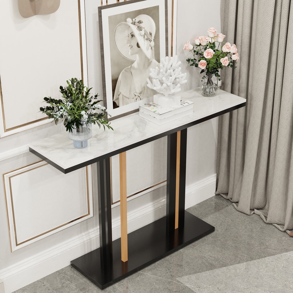 FATIVO Consoletafel marmerlook - Haltafel - Wandtafel - Metalen frame - Zwart & Wit - 118x30x78cm - Voor Hal, Woonkamer