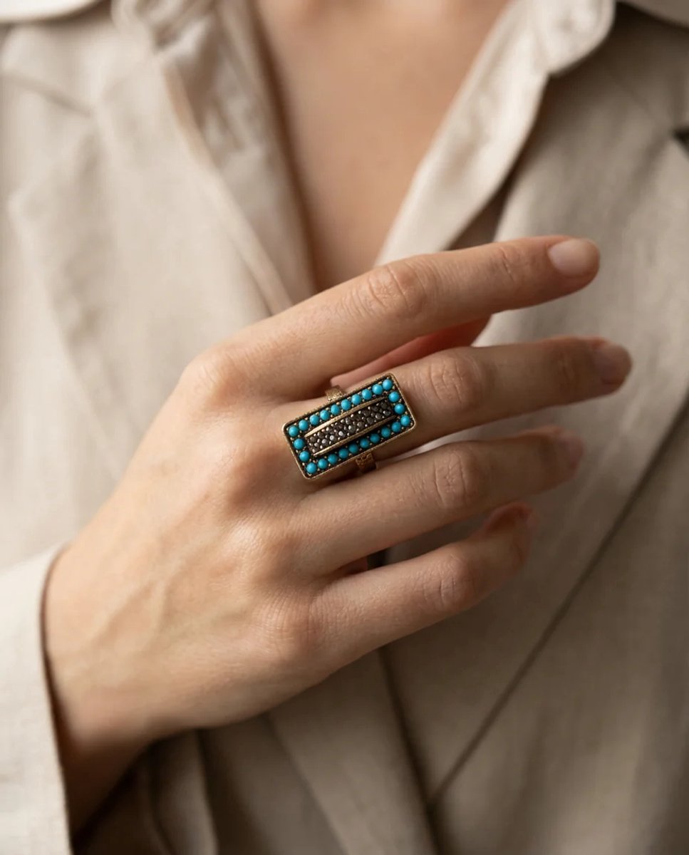 Dorvina Bronzen Dames Ring Antiek Sieraad Turkoois FiruzeTasi Bewerkt Rechthoekig Verstelbaar Vintage Ring
