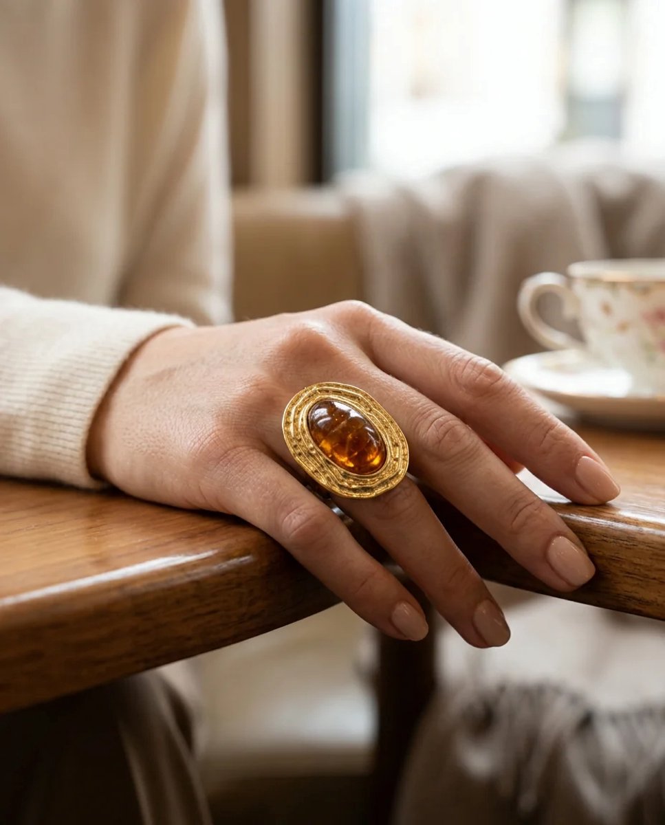 Dorvina Vintage Groot Dames Ring Verkleurt Niet Sieraad Goudkleurig Kahverengi Steen Ovaal Antiek
