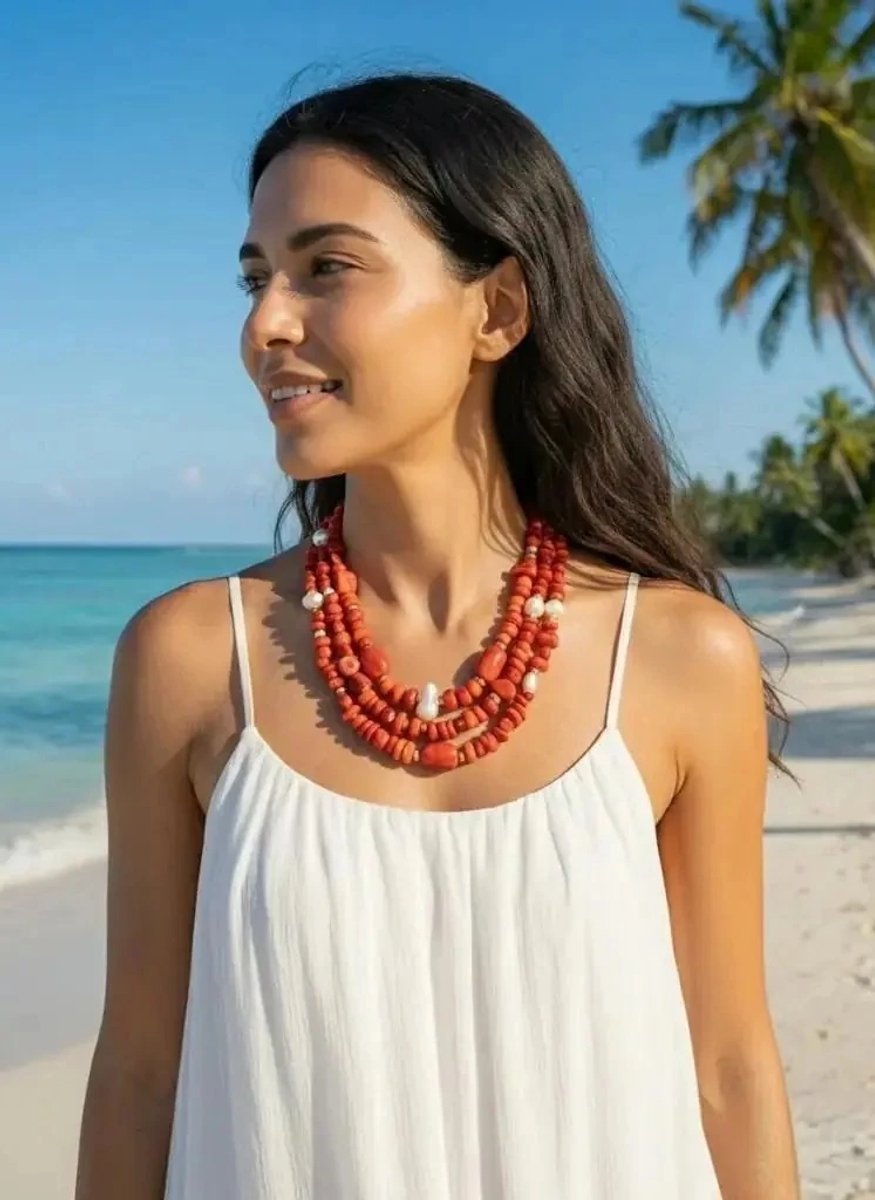 Dorvina Dogaltas Ketting Rood Mercan Steen en Barok Parel Taneli El Gemaakt 3 Sirali Dames Ketting Sieraad