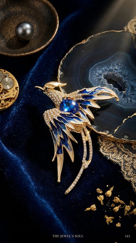 Gouden broche van een vogel met blauwe vleugels, een grote blauwe steen en vele witte kristallen, op een donkerblauwe fluwelen ondergrond.