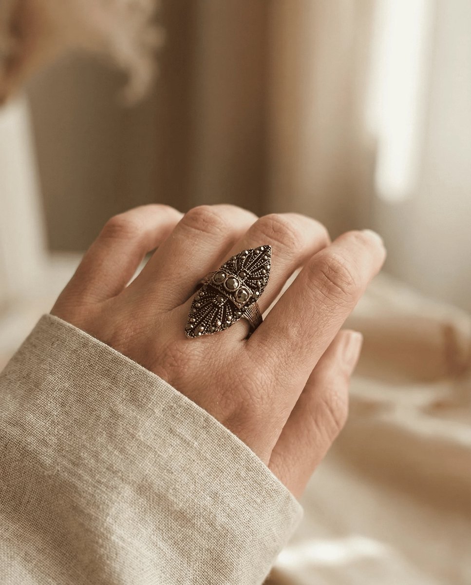 Dorvina Bronzen Sieraad Authentiek Antrasit Kleur Markazit Steen Badem Model Verstelbaar Vintage Dames Ring