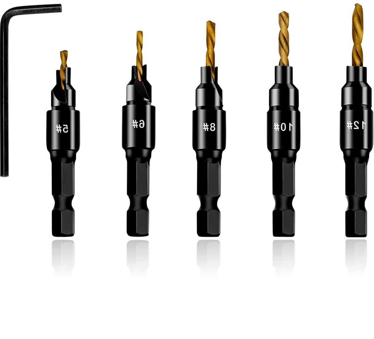 Set van 5 verzonken boorbits, titanium gecoat, voor het inbedden van ankers, 1/4 inch hex shank, inclusief inbussleutel en precisieboor accessoires