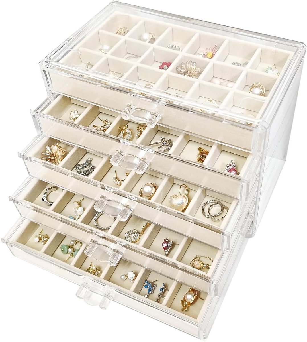 Acryl Sieradenbox met 5 Niveaus en Verwijderbare Lades voor Sieradenopslag - Organisator voor Kettingen, Ringen en Oorbellen