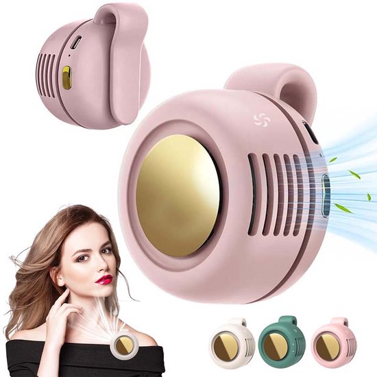 Mini USB bladloze clipventilator roze, oplaadbaar, 360° draaibaar, 3 snelheden, stil en veilig