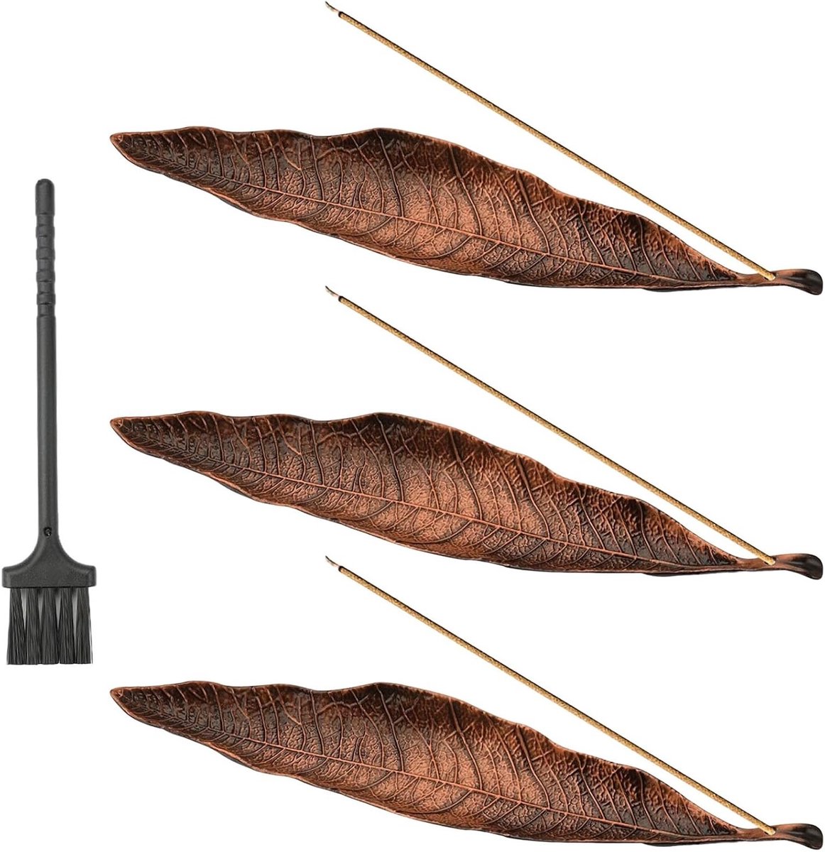 Set van 3 Incense Stick Holders met Bronzen Bladontwerp, Metaal Asopvangbak en Mini Bezem voor Meditatie, Yoga en Thuisdecoratie, Stijlvolle Geurbrander voor Ontspanning en Sfeer