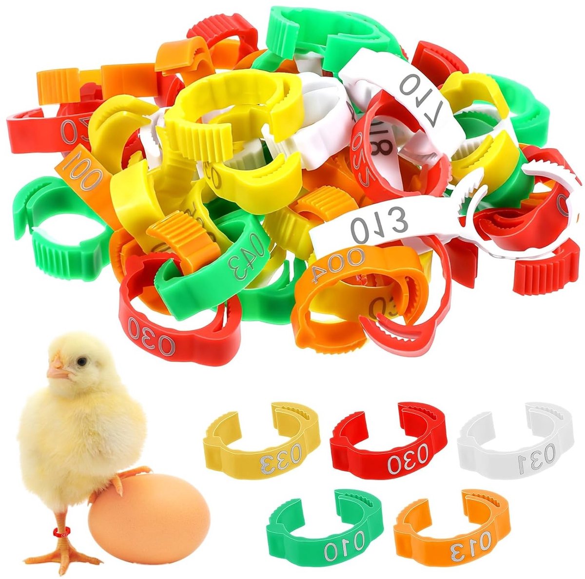50 Stuks Kippenringen voor Identificatie van Gevogelte, Voetringen voor Kippen en Eenden, Genummerde Clip-on Labels in 5 Kleuren (16-18,5 mm)