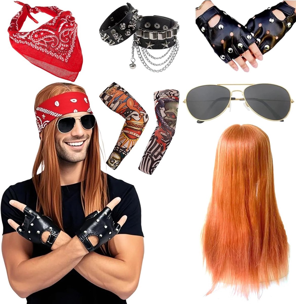 70s 80s Heavy Metal Kostuumset met Perücke voor Mannen en Kinderen - Hippie Accessoires voor Gothic Rocker en Disco Carnaval Feest