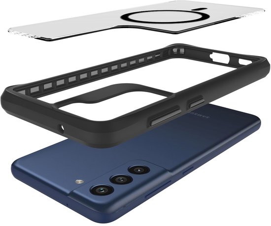 Explosiebeeld van een donkerblauwe Samsung S21 FE telefoon met een zwart beschermhoes en een screenprotector.