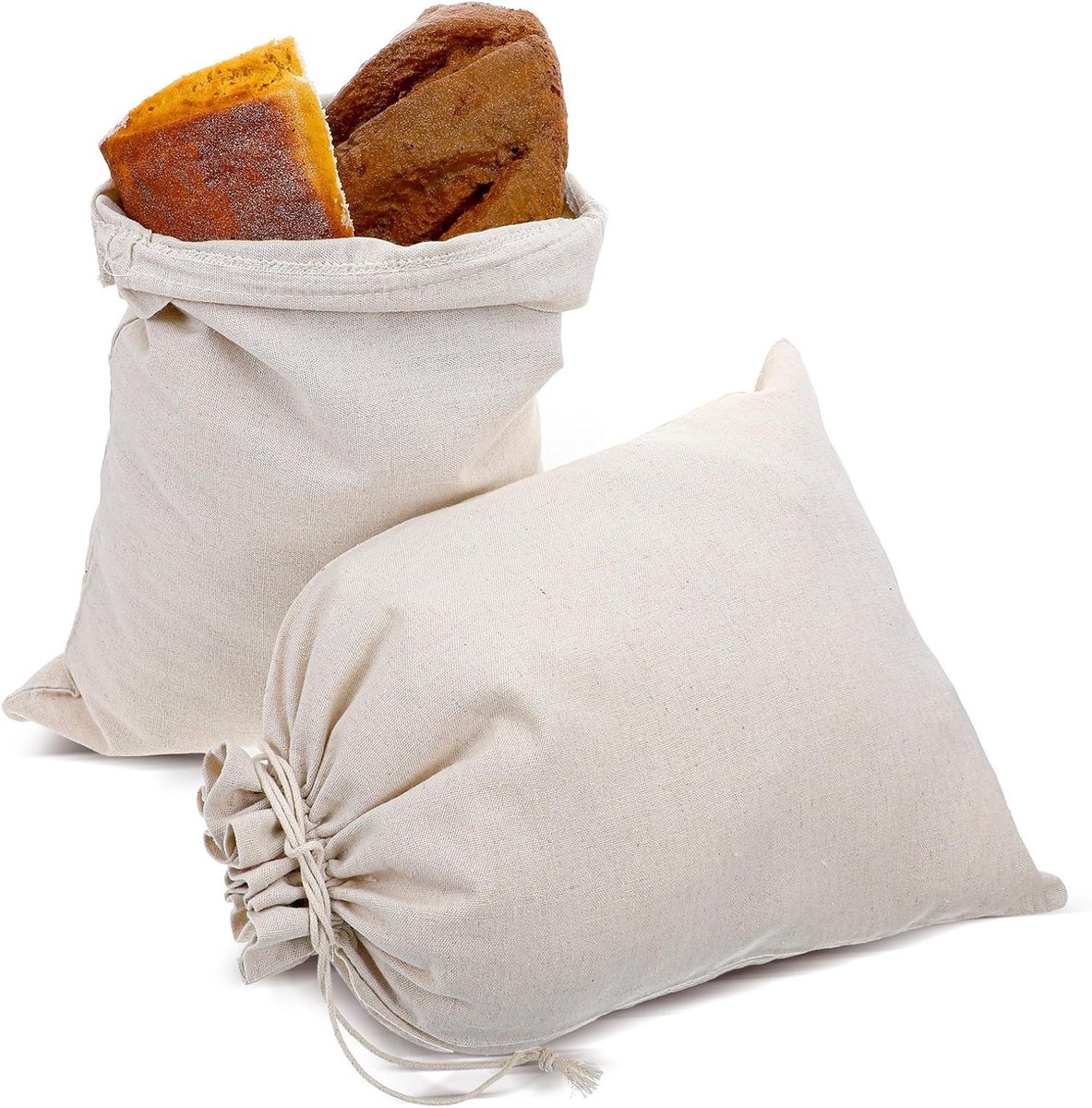 Herbruikbare linnen broodzakken, ongebleekt, 40 x 30 cm, met trekkoord, ideaal voor brood, baguettes, fruit en groenten, set van 2 stuks