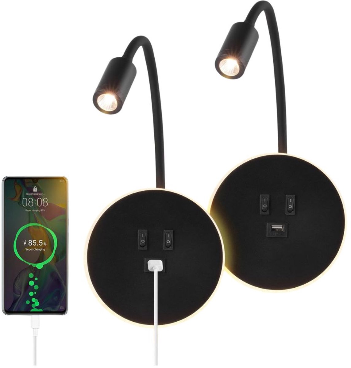 MKSS® Bedlampjes Hoofdbord - Leeslampjes - Bedlamp Slaapkamer Volwassenen - Zwart