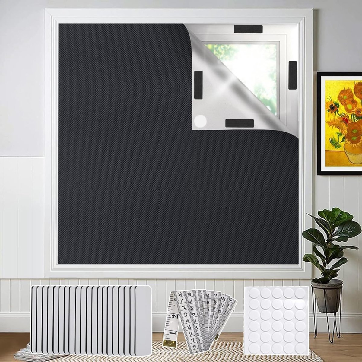 HEZIVO® Verduisteringsdoek - Zonwering Raam - 100% Verduisterend Raamfolie - Zonwerend en Isolerend - Klittenband en Tape