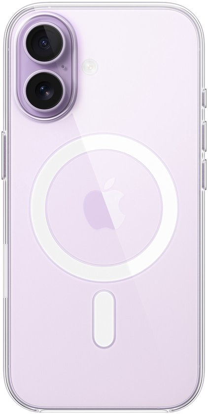 Transparant hoesje voor iPhone met paarse tint en MagSafe-ring.