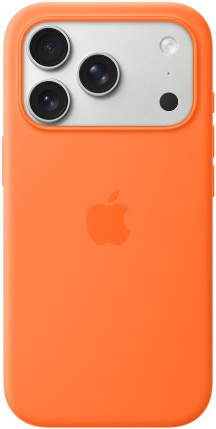 Coque en silicone orange avec bloc caméra argenté pour iPhone.