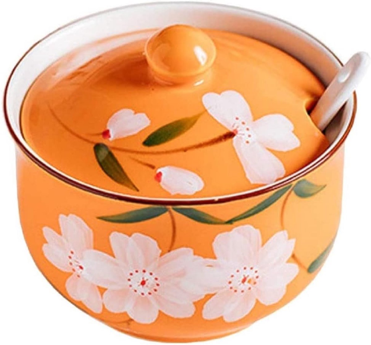 JeiibrZui Keramische Kruidenpot - 300 Ml - 1 Stuk Met Deksel En Lepel - Oranje Bloemenpatroon Voor Keuken
