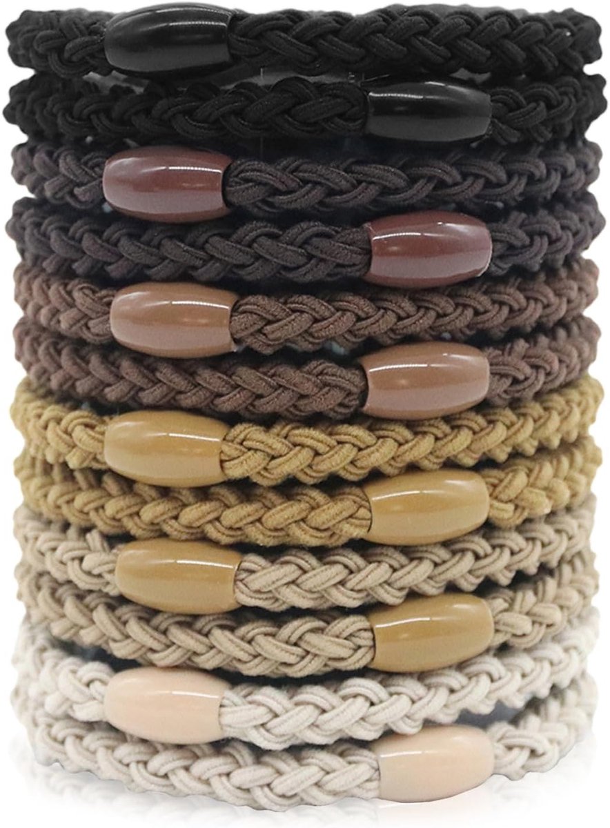 Elastische Haarbanden voor Dames en Meisjes, 12 Stuks, Dikke en Dunne zonder Metaal, Bruin, Perfect voor Diverse Haarstijlen
