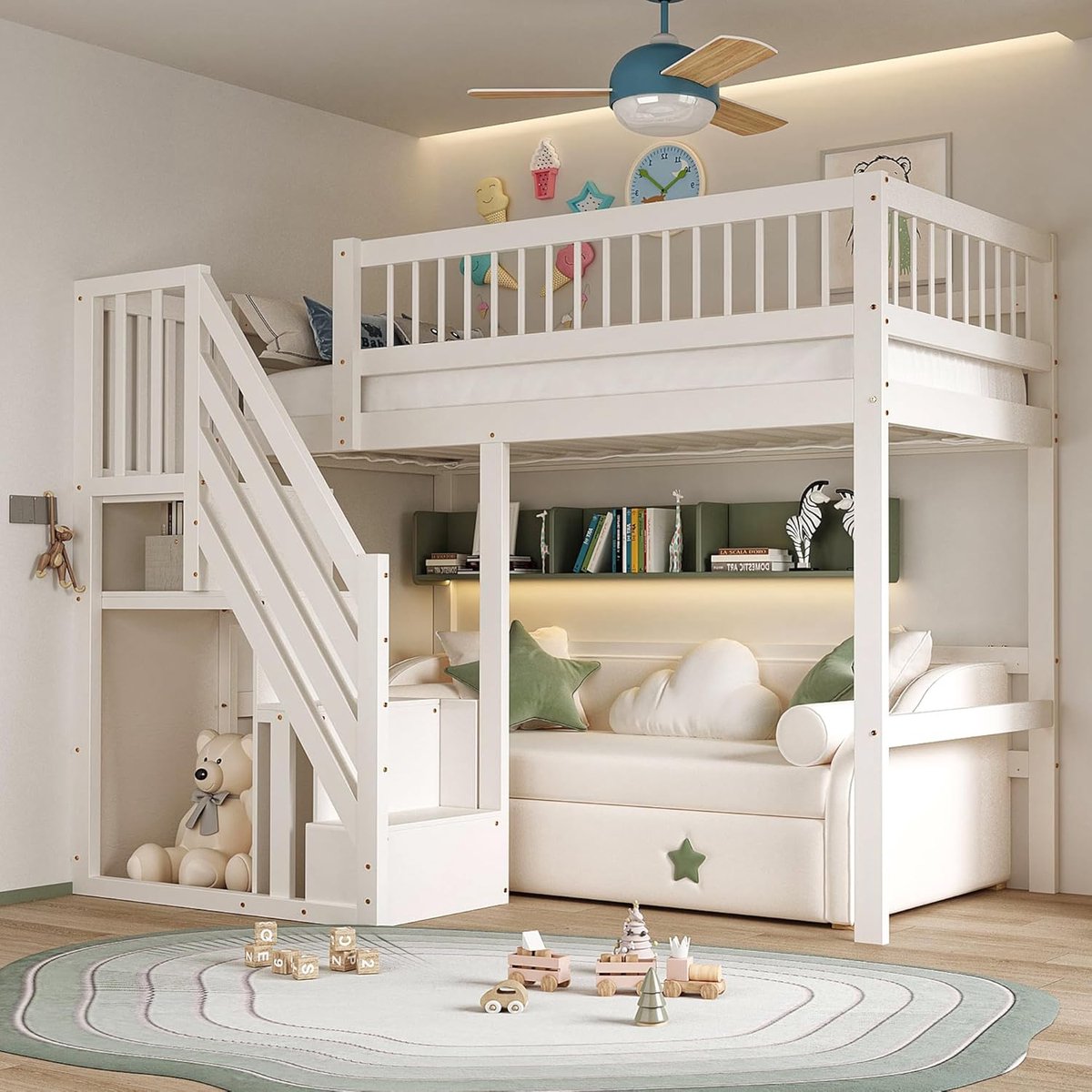 Hoogslaper Kinderbed 90x200 cm met Trap en Opbergruimte – Houten Hoogslaper met Valbeveiliging, Ruimtebesparend Design en Geïntegreerde Kasttrappen – Wit – Laura