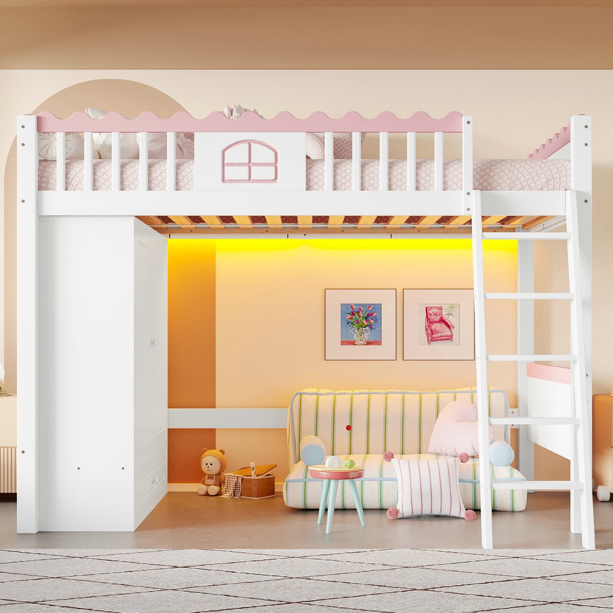 VVBV Hoogslaper 90x200 / Hoogslaper met kledingkast / Hoogslaper met kast – Matras Niet Inbegrepen – met Opbergruimte, LED-Verlichting – Grenenhout – Wit