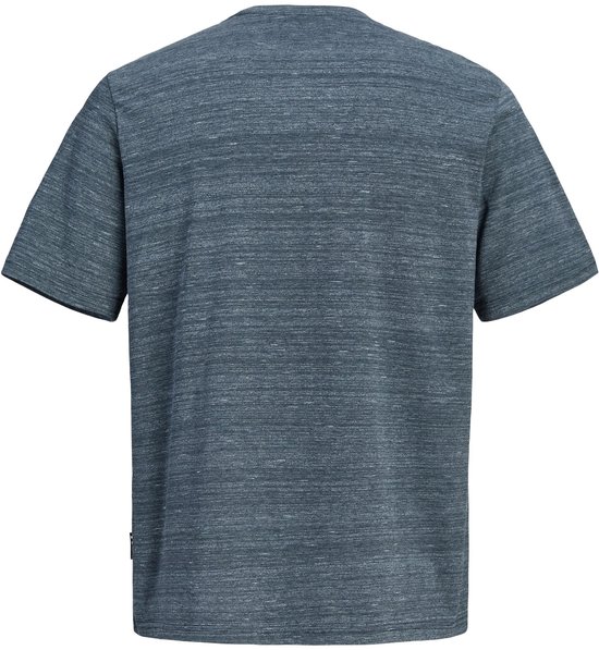 Achterkant van een donkerblauw, gemêleerd T-shirt met korte mouwen.