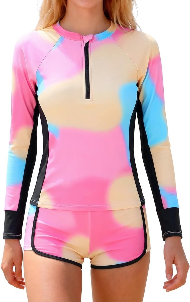 Meisjes 2-delige set met UV-bescherming, lange mouwen rashguard en shorts, tie-dye zwemkleding voor 7-13 jaar