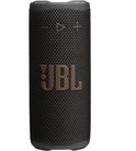 Zwarte JBL draagbare speaker met oranje JBL logo en bedieningsknoppen.