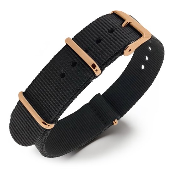 Bracelet de montre noir NATO avec boucle et passants or rose, sur fond blanc.
