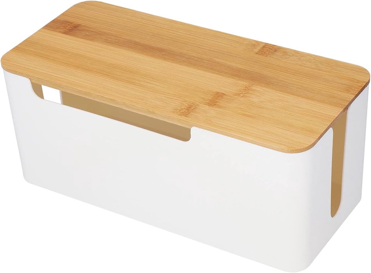 Kabelmanagement Doos met Bamboe Deksel - Desk Organizer voor Kabels, TV Draden en Routers - Compacte Oplossing voor een Opgeruimde Werkplek