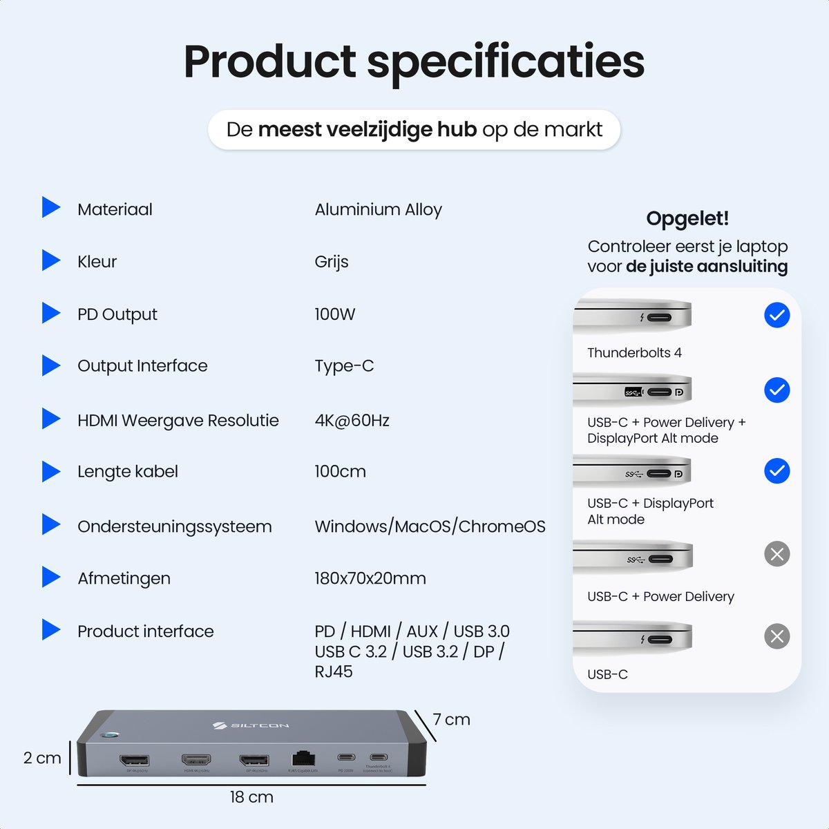 Siltcon® 14 in 1 - Docking Station Laptop – USB C Hub – USB C Dock - 2x Display Link (DP) 4K 60Hz – 1x HDMI 4K 60Hz – 100W Thunderbolt 4 – RJ45 gigabit – 4x USB-A 3.2 – 4x USB-C 3.2 - Plug & Play Geen Drivers – Universeel Voor Laptops – Spacegrey thumbnail 7