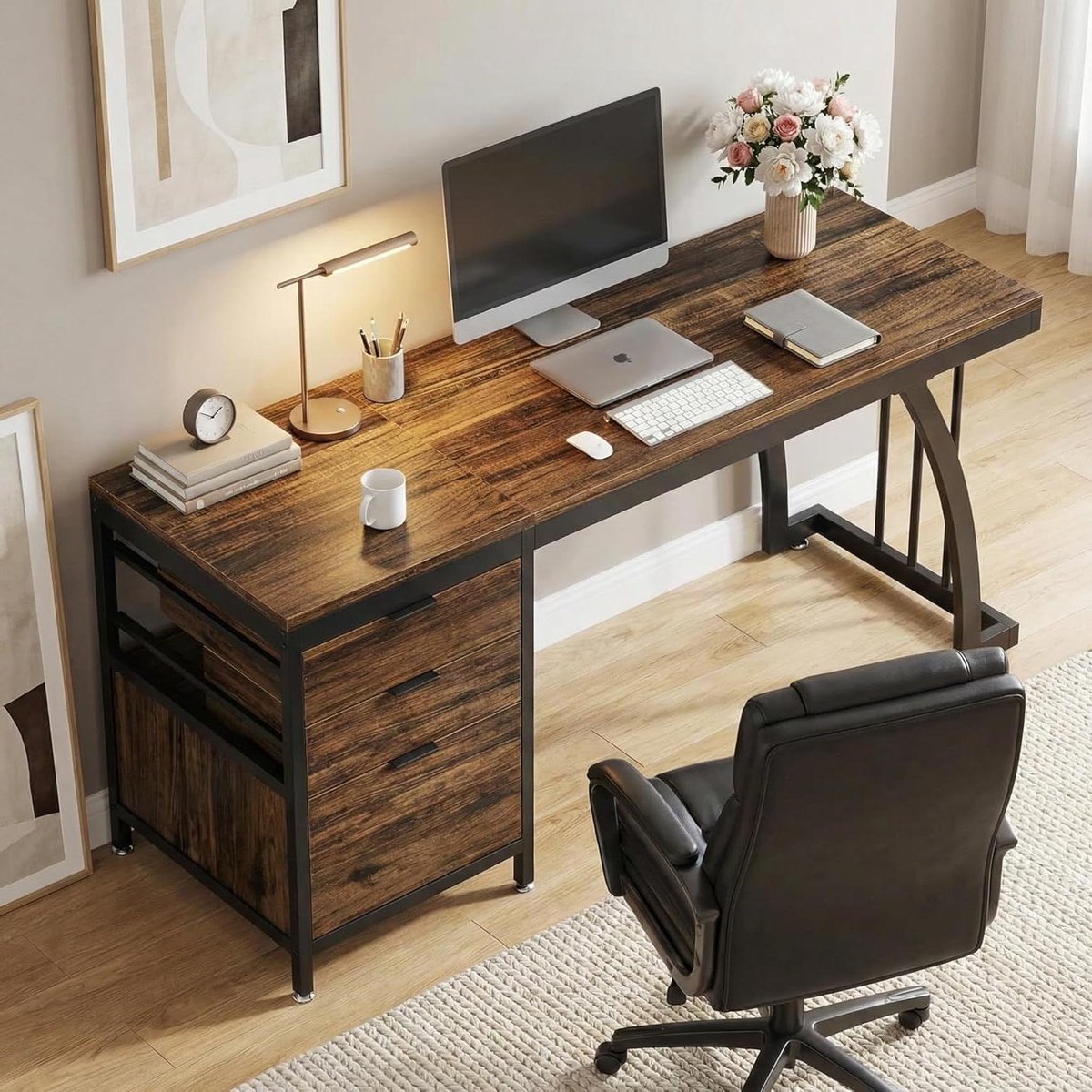 Bureau met Opbergruimte - Werktafel Tafel - Thuiswerken Organiseren - Industrieel Design - 150 x 50 cm - Rustiek Bruin
