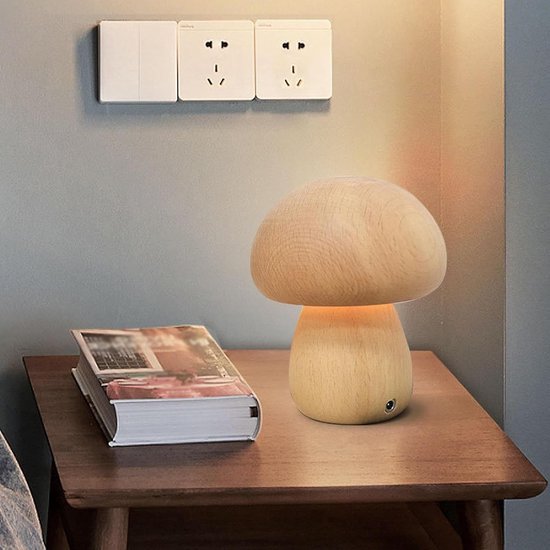 Houten Paddestoel Lamp - Draadloze Nachtlamp - Sfeerverlichting Kamer - Instelbare Helderheid - 109 x 9 cm - Beige — afbeelding 3