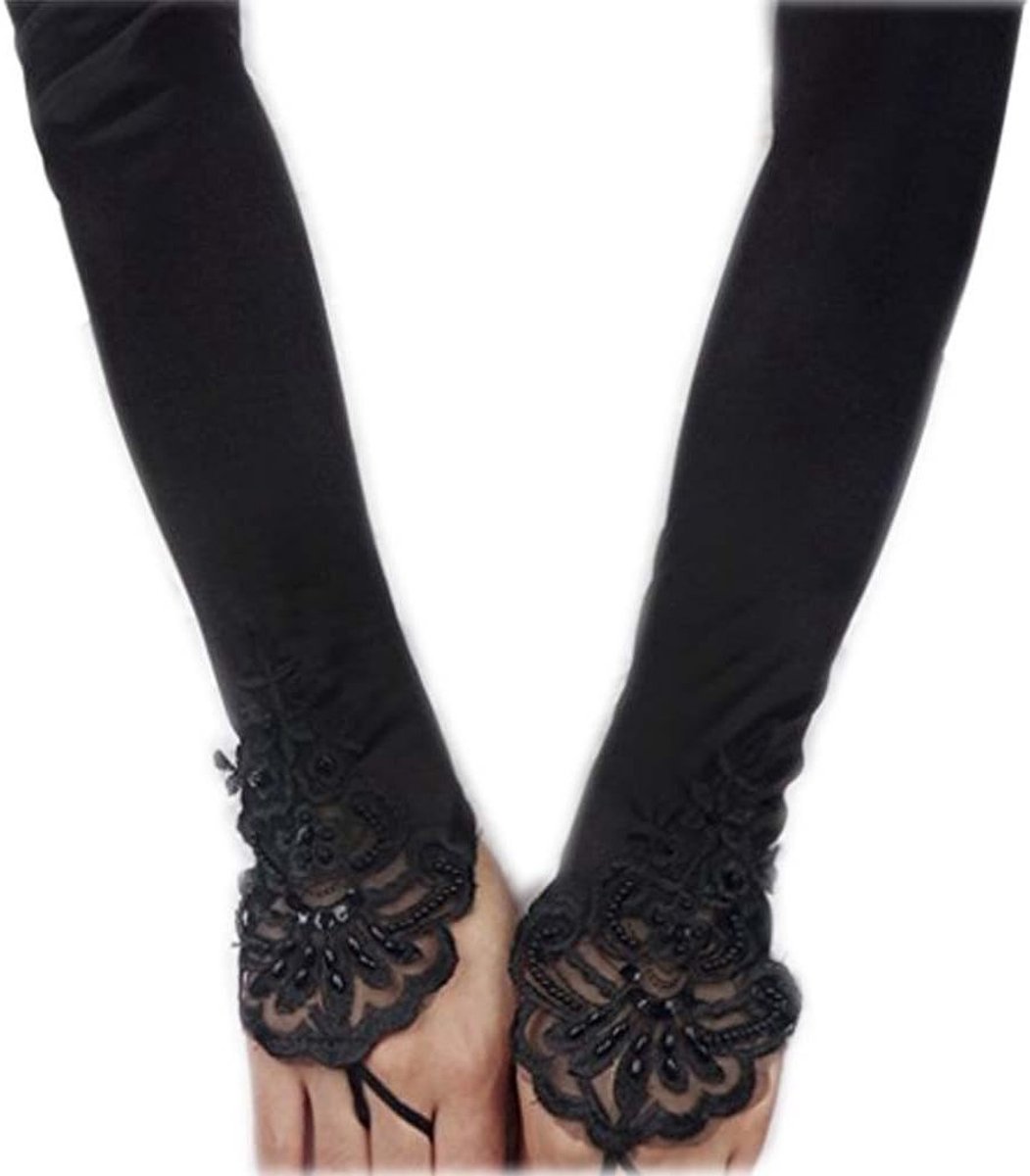 Elegante Lange Vingerloze Bruids- en Avondhandschoenen van Kant en Satijn voor Feestjes, Zwart en Wit, One Size