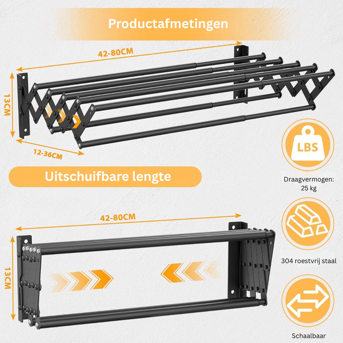 TopChoice® Wanddroogrek - Wasrek Inklapbaar - Uittrekbaar - 12 - 36 CM - Zwart
