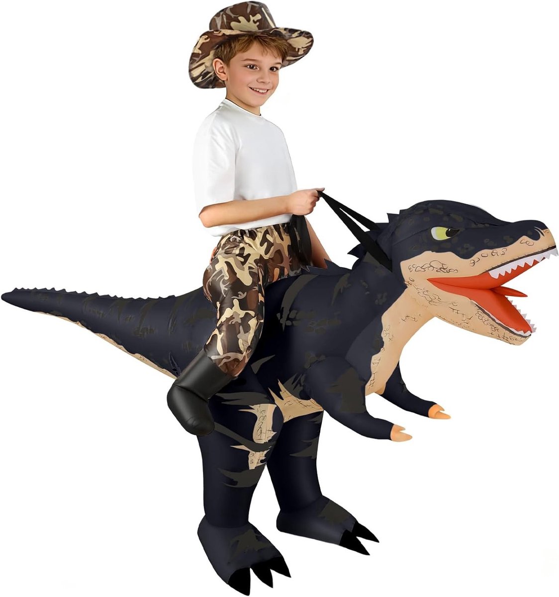 Opblaasbaar Dino Kostuum voor Volwassenen en Kinderen, Camouflage Raptor Outfit voor Halloween en Cosplay Feesten, Inclusief Hoed en Ademluchtpomp